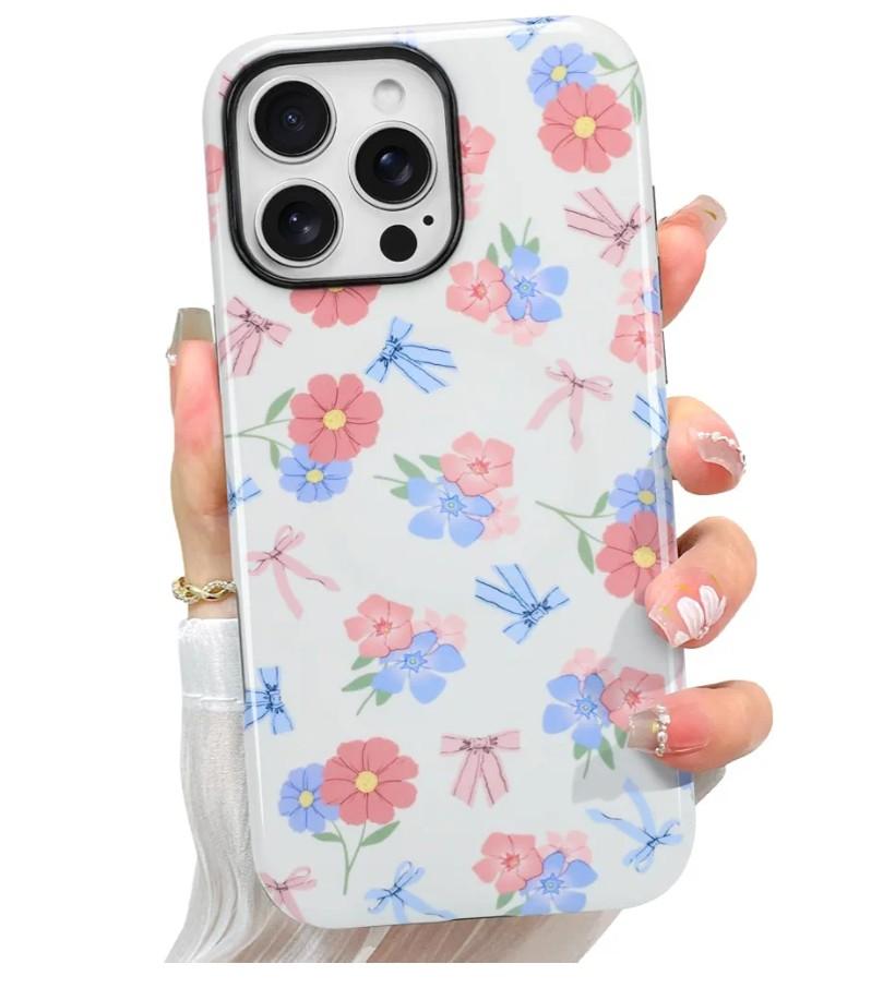 pmxlfo Case Designed for iPhone 15 Pro Max, Blue & Pink Bow Little Floral Pattern[Compatible with MagSafe] Hard PC+ Soft TPU Heavy Duty Shockproof Drop Protective Women Girls Phone Case