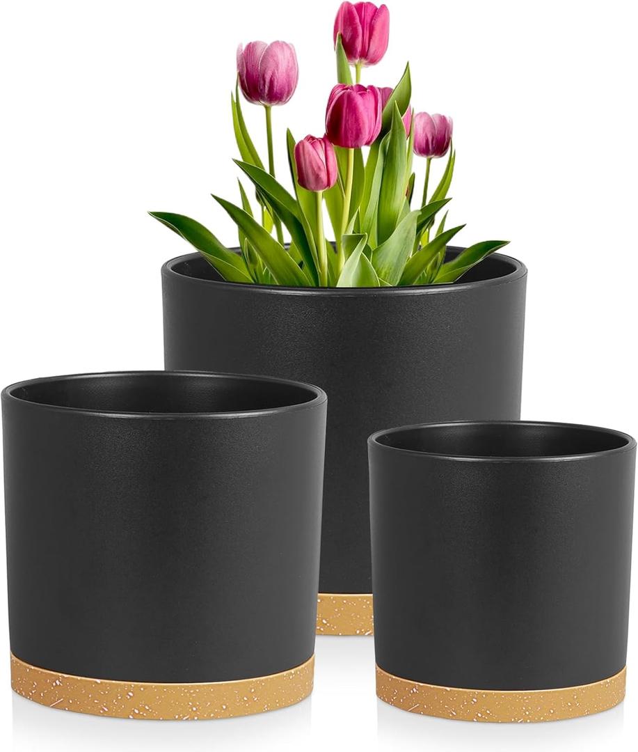 8/7/6 inch Flower Pots, 3 Pack Cylinder Plant Pots for Outdoor Indoor Plants, Decorative Plastic Planters with Drainage Holes and Saucers for Garden House Plants, Black with Brown