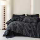 SUSYBAO Pinstripe Duvet Cover Queen 100% Washed Cotton 3 Pieces Set 1 Black Vertical Striped Duvet Cover with Zipper Ties 2 Pillow Shams Classic White Ticking Stripe Bedding Set