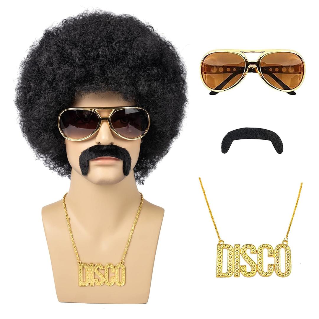 Afro Wig Men, 5pcs Set ( Glasses+ Necklace+ Mustache+ Wig Cap ) 70'S Costumes Disco Wig for Men Natural Fluffy Short Black Curly Synthetic hair for Halloween Chrismas Cosplay Party