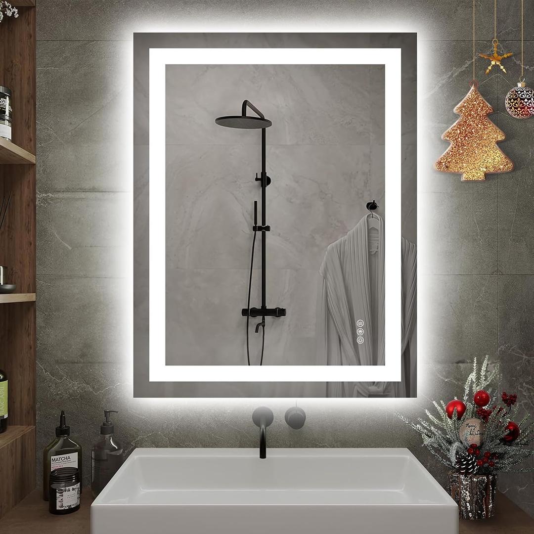 Hivone 28X32 LED Bathroom Mirror with Lights, Anti-Fog, Dimmable, Backlit + Front Lit, Smart Bathroom Vanity Mirror, Memory Function, Shatterproof, Tempered Glass (Horizontal/Vertical)