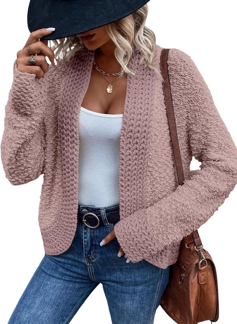 Dokotoo Women's 2026 Fashion Casual Open Front Long Sleeve Chunky Knit Cardigans Sweaters Outerwear Coats (Pink, L)