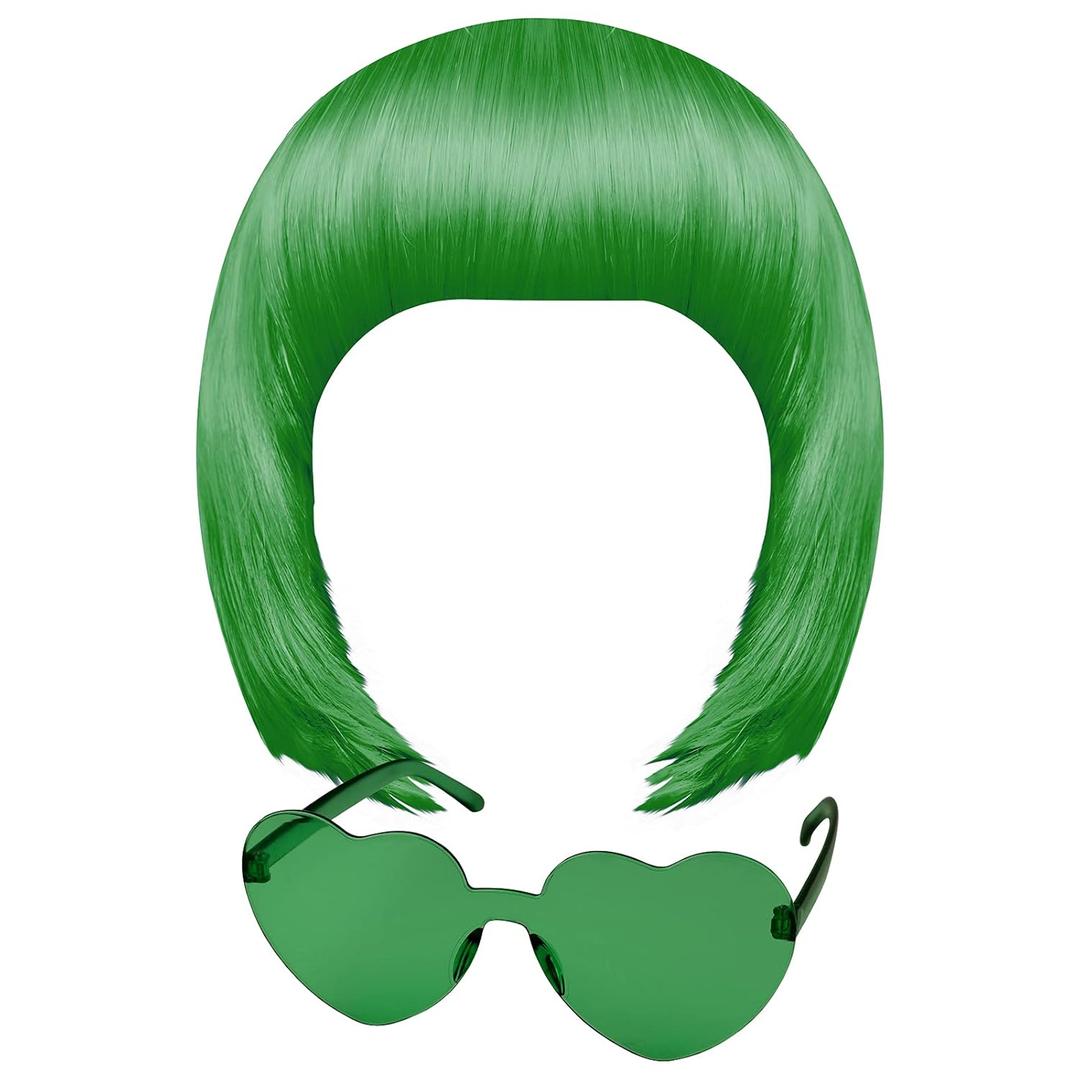 MIAHART Green Short Bob Wig and Sunglass Set, Neon Colored Wigs Costume Colorful Cosplay Wigs Daily Party Hairpieces for Bachelorette Glow in The Dark Neon Party Favors Halloween Decorations Supplies
