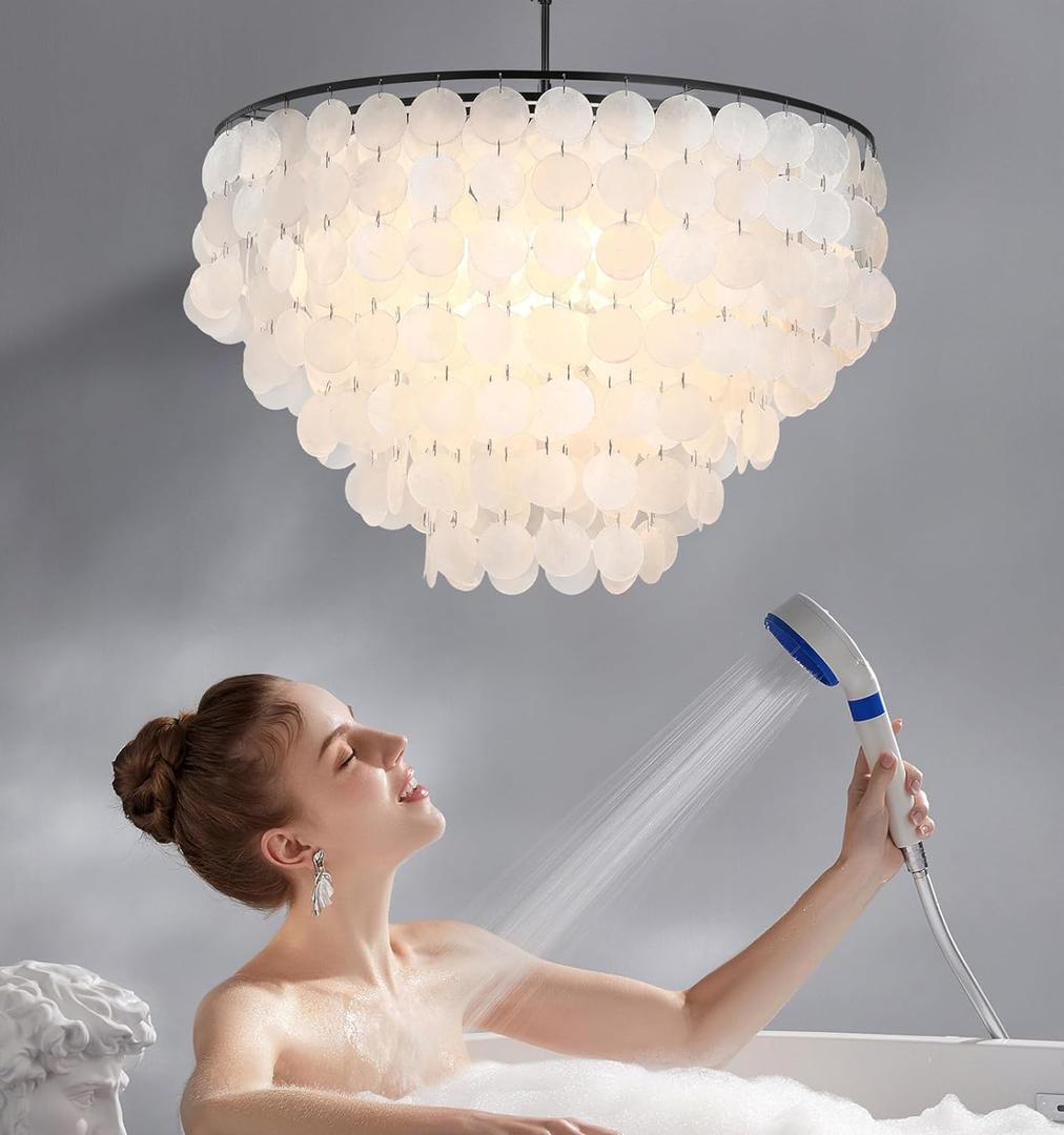 Modern Capiz Chandelier Lighting 5 Lights, Natural Shell Ceiling Light Fixtures Contemporary Seashell Coastal Chandeliers for Living Room Hallway Foyer Black