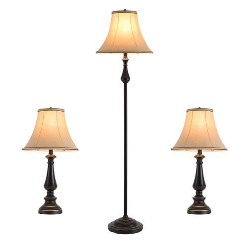 Smeike Vintage 3-Piece Table and Floor Lamp Sets with Brown Fabric Shades