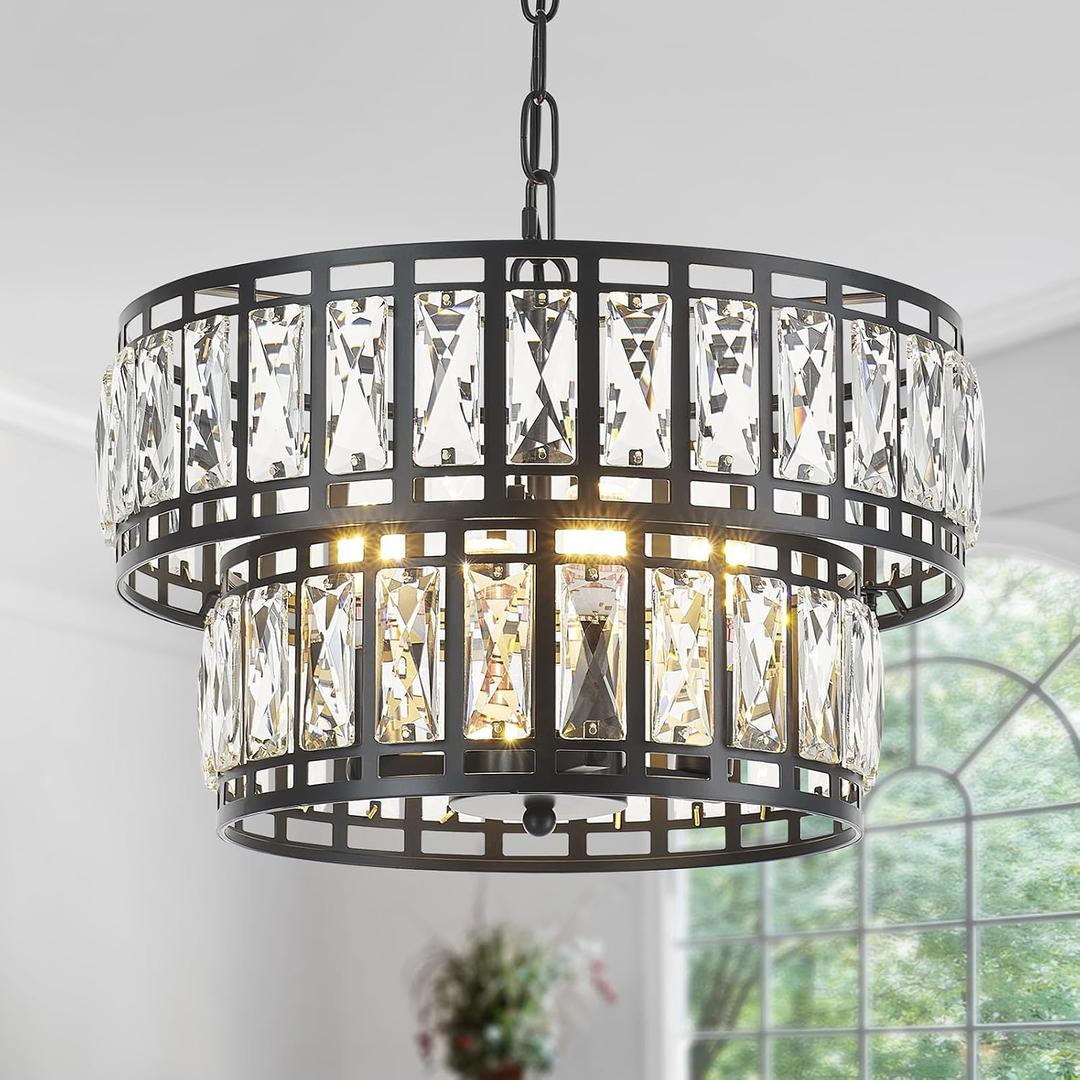 Dining Room Chandeliers K9 Crystal Black Metal Chandelier Modern 2-Tier Drum Farmhouse 16in Contemporary Round Light Fixture for Bedroom Entryway Kitchen Island Living Room