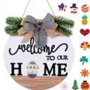 Welcome Door Sign, Easter Welcome Sign Front Door Decoration, 4 Season Interchangeable Wreath with 12 Pcs Decorative Accessories, 11.6" x 11.6" Houswarming Gift