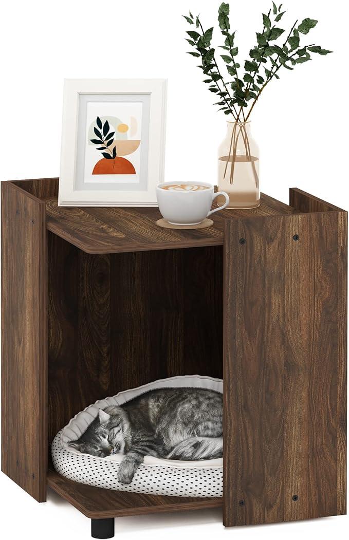 Furinno PELI Cat Litter Box Enclosure, 17" Square Hidden Litter Box Furniture with Open Storage, Wooden Pet House, Easy Assembly, for Living Room, Columbia Walnut