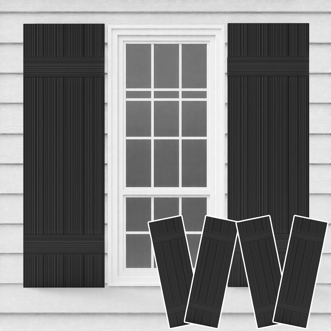 【4 pcs】Thickened Wall Vinyl Shutters, 14 1/2" x 55", Black Exterior Window Shutters, 5-Minute Installation, 10+ Years Lifespan, Vertical Embossed Lines