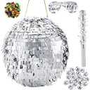 Lewtemi 11.8 Inch Silver Disco Ball Piñata with 1 Piñata Bat 1 Blindfold 1 Bag of Confetti and 20 Small Mirror Balls for Disco Themed Birthday Wedding Party Supplies
