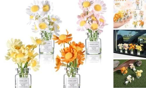 Axafazup Daisy Flower Car Dashboard Decorations for Women, 4Pcs Cute Car Accessories with Glass Vase and No-Residue Adhesive Dots, Spring Aesthetic Interior Decor and Gift