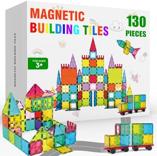 Paaxido Magnetic Tiles - 130PCS Magnetic Blocks for Kids, Magnet Tiles Building Blocks Set with 2 Cars, Construction STEM Magnet Toys Gift for Kids, Boys and Girls 3 4 5 6 7 8+ Year Old