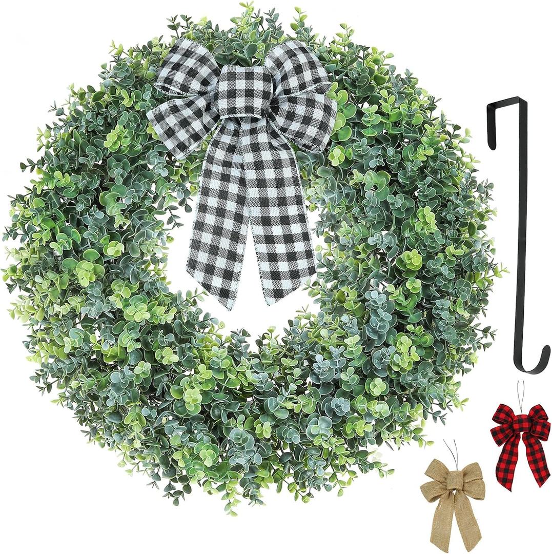22inch Boxwood Wreaths for Front Door,Spring Summer Fall Winter Wreaths,3 Bows with Hanger, Used in All Seasons for Front Door,Back Door,Indoor, Outdoor Wreath(22inch) (Multicolor)