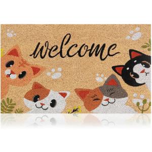 Cats - 17"x29" - Coir Door Mat with Heavy Duty Backing - Welcome Mats for Entryway, Porch - Anti-Slip PVC & Coconut Fiber Surface - Natural Home Accessories, Minimalist Original Design