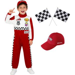 Kosgraiy Race Car Driver Costume Kid, Boy And Girl Racer Jumpsuit With Peaked Cap, Toddler Racing Costume Halloween, Red, L/ 140