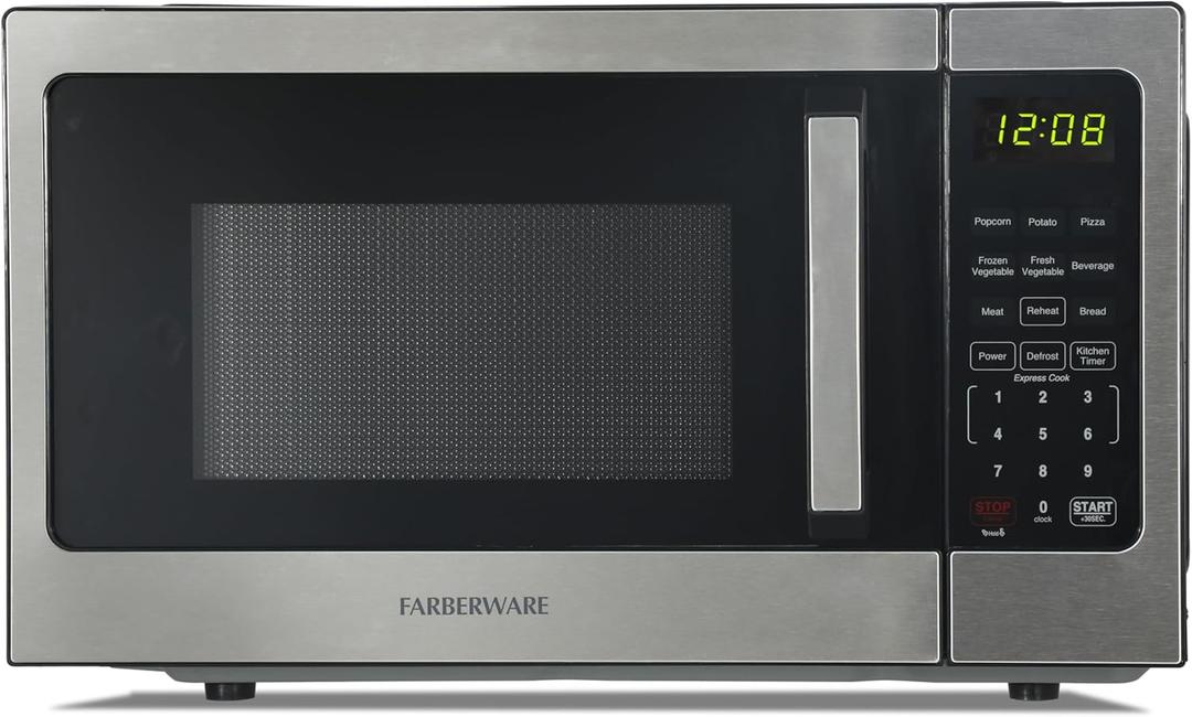 Farberware 0.9 Cu. Ft. Countertop Microwave Oven  900 Watts Power, Auto Cook Settings, Defrost, Easy Clean and Child Safety Lock - Stainless Steel