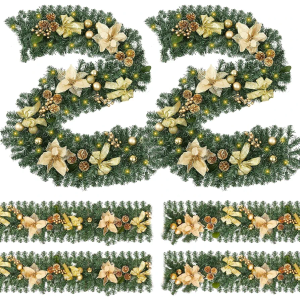 Meooeck 3 Sets 9 ft 150 LED Pre-Lit Artificial Christmas Garland with Gold Berries and Balls Pine Cone Flower and Battery Operated String Lights for Fireplace and Stair Railing,Total 27 ft