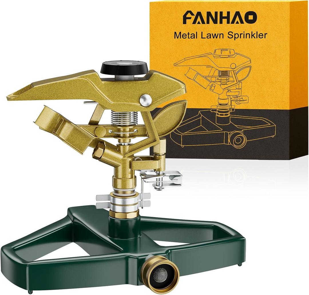 FANHAO Heavy Duty Pulsating Impact Lawn Sprinkler with Metal Base, 100% Metal 360Adjustable Circular Zinc Impulse Sprinkler for Large Area Lawn & Yard Irrigation, Covers Up to 5800 sq. Ft