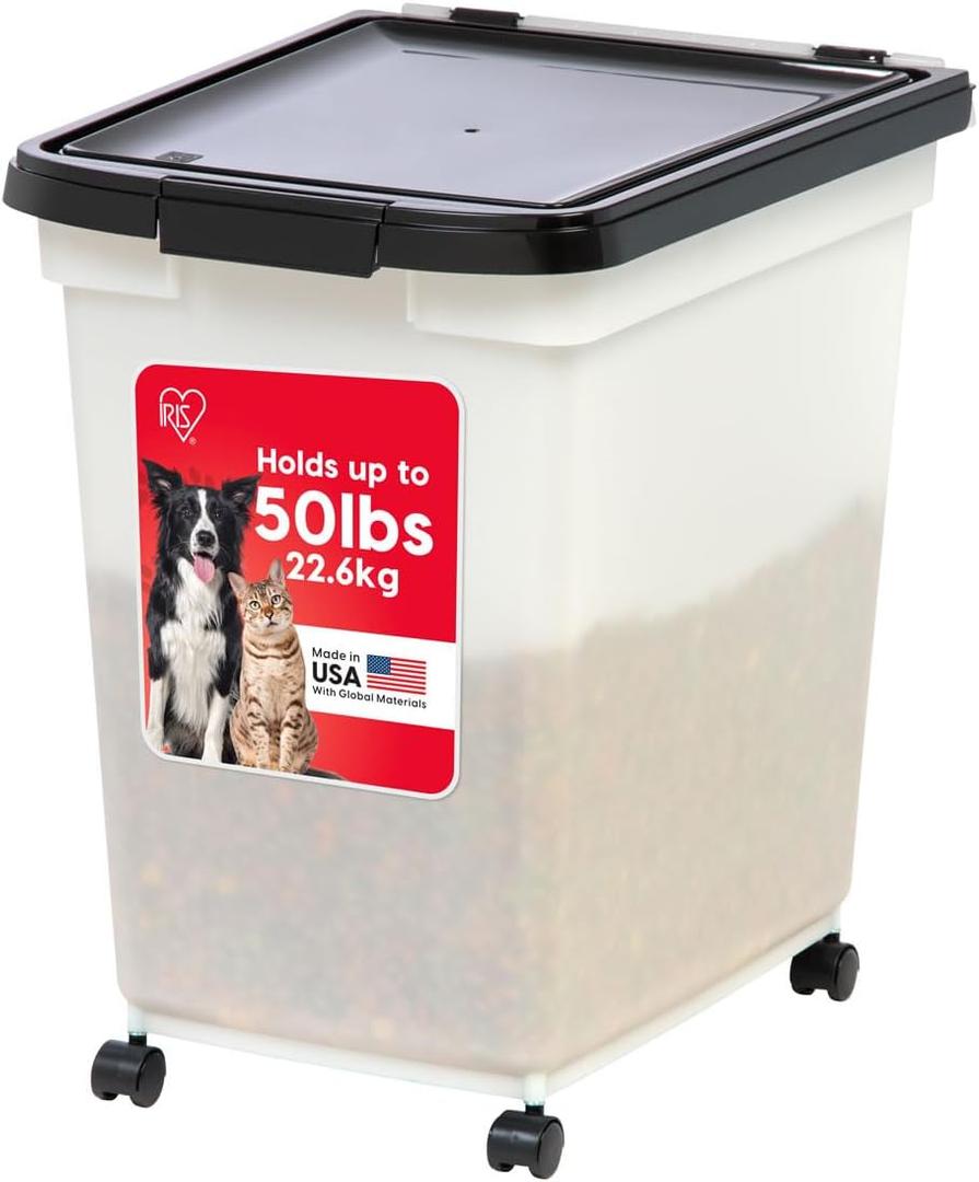 IRIS USA 50 Lbs / 65 Qt WeatherPro Airtight Pet Food Storage Container with Removable Casters, for Dog Cat Bird and other Pet Food Storage Bin, Keep Fresh, Translucent Body, Easy Mobility, Pearl/Black (1 Count (Pack of 1))