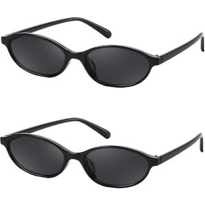 Tsctswk 2 Pack Retro Oval Sunglasses for Women,90s Chic Cat Eye Lightweight Trendy UV protection Sun Glasses for Womens (Black Frame/Grey Lens + Black Frame/Grey Lens)