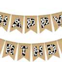 Cow Print Happy Birthday Banner, Burlap Pre-strung Cow Birthday Party Decorations Supplies