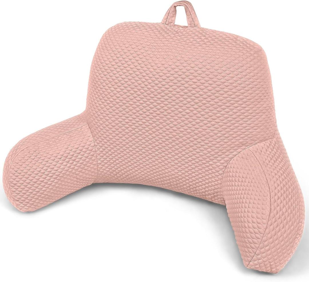 Reading Pillow, Ice Silk Bean Back Support Pillow for Bed Sitting Up, Large Bed Rest Pillow with Arms for Adults,Back Support Pillow for Couch and Chair, Pink