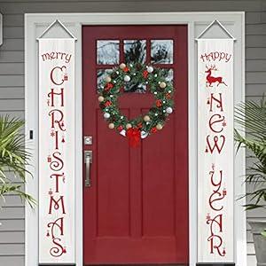 Christmas Door Banners Decorations Outdoor - Happy New Year Banners Xmas Decor for Front Porch Yard Wall, Hanging Christmas Decorating Living Room Home Farmhouse Indoor Outside Inside House Patio Party