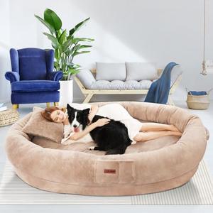 Fvkind Human Dog Bed for Adults, 71"x51"x12" Washable Orthopedic Size, Faux Fur Removable, Cozy Large Present with Blanket and Pillow, Khaki