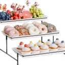 3-Tier Melamine Serving Tray Set, 14"x7" Platters for Serving Food, White Reusable Trays with Black Metal Display Stand for Cupcakes, Sevring Food, Dessert, Fruit, Cookie, Black