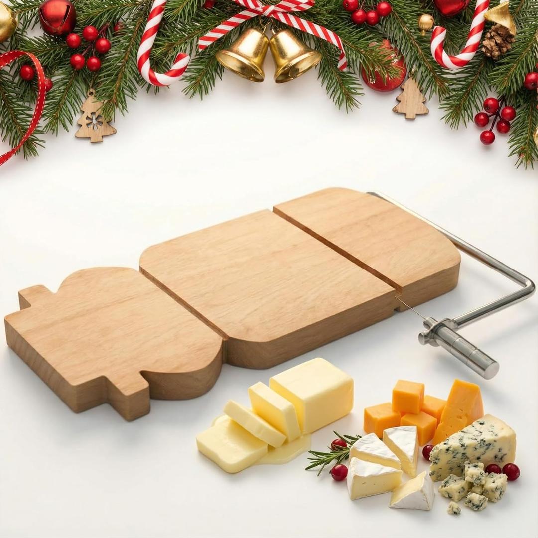 Wooden Snowman Cheese Slicer with Stainless Steel Blade, 9.5" x 5.8" x 0.6", Tightness Adjustable, Beech Wood Snowman Cheese Cutter for Block, Easy to Replace
