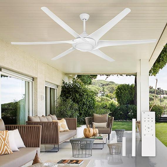 80 Inch White Industrial Ceiling Fan No Light, Indoor Covered Outdoor Large Ceiling Fans with Remote 6 Blades DC Motor for Home Commercial Porch Patio Warehouse Restaurant Garage Shop