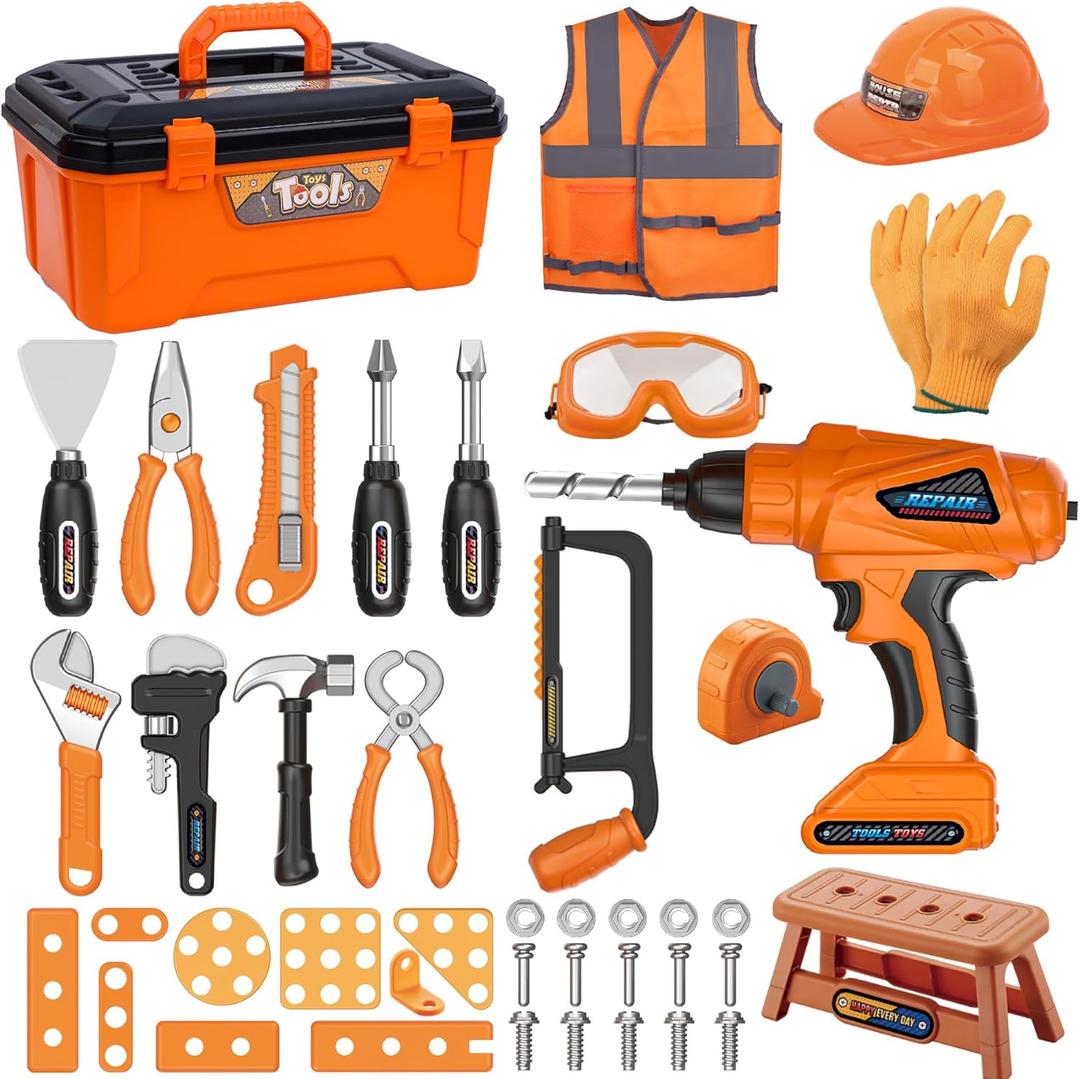 Kids Tool Set,MAGIC4U 50PCS Toddler Tool Set with Electronic Toy Drill,Tape Measure 12 Tool Equipements,Pretend Play Construction Coustume with Safety Vest Hat,Toy Tool Box for Kids Boy Girl Age 3-8, Orange Toolbox