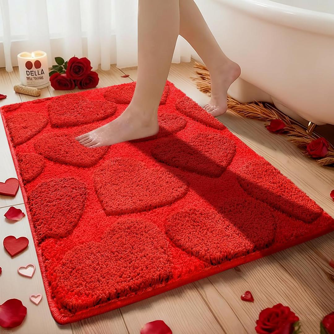 Breling 20x32 Inch Valentine's Day Heart Rug Red Heart Pattern Bathroom Mat Non Slip Absorbent Washable Rugs for Valentine's Day Home Bathroom Decor