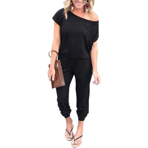 PRETTYGARDEN Jumpsuits for Women 2025 Summer Dressy Off Shoulder Romper Spring Vacation Travel Lounge Outfits Clothes (Medium, Black)