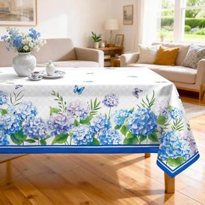 Hydrangea Floral Tablecloth Waterproof, Blue Flower Butterfly Table Cloth Rectangle Stain Resistant, Washable Table Cover for Home Kitchen Dining Party Decoration (5570 Inch)
