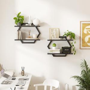 Floating Shelf- Floating Shelf for Wall Set of 2, 2 Tier Foating Shelves for Wall for Bathroom, Bedroom, Toilet, Kitchen, Living Room, Office, Black