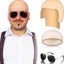 Mepase Halloween Bald Cap with Glasses Bald Head Wig Cap Party Costume Accessories for Adults Women Men Cosplay