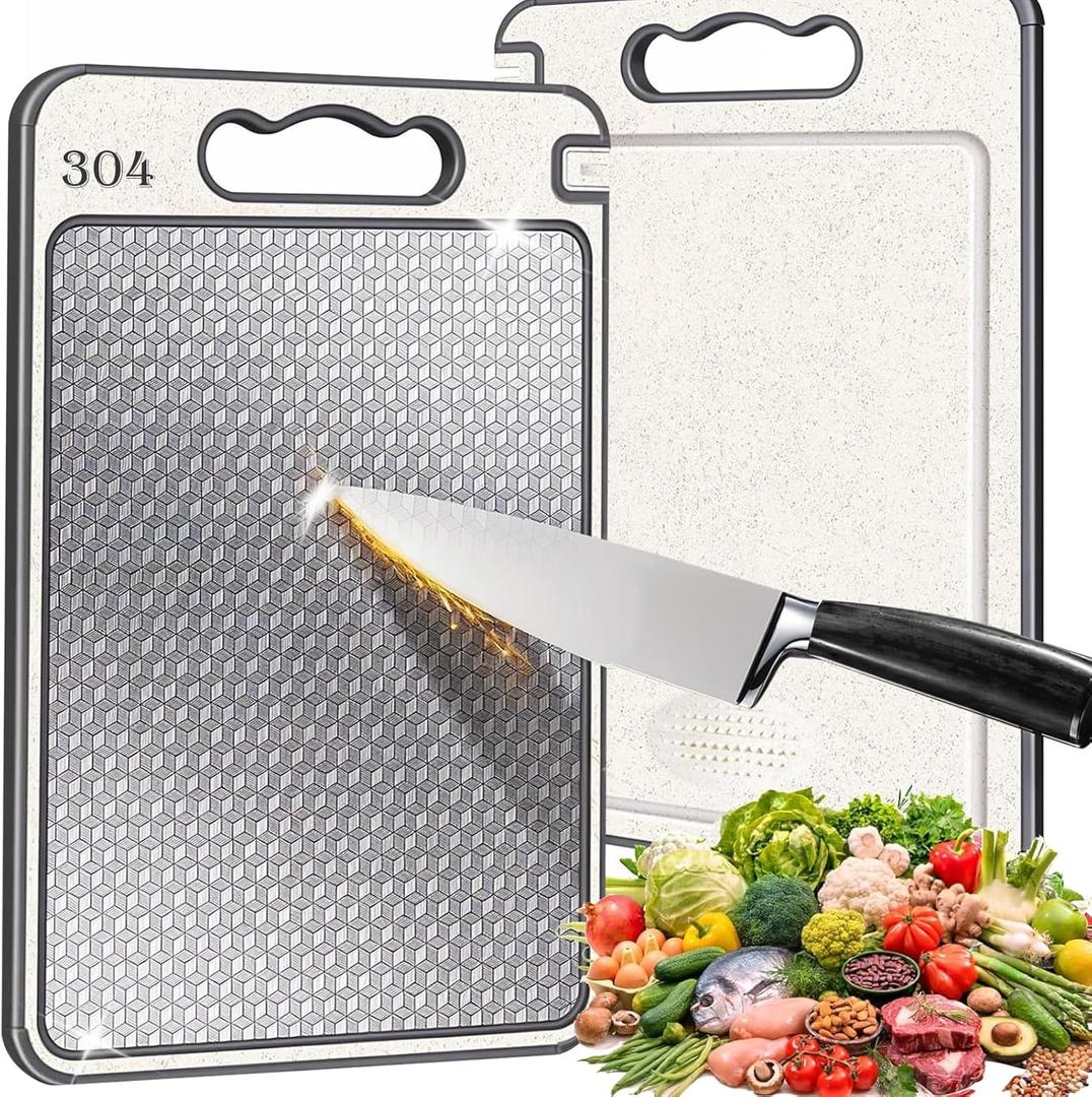 304 Stainless Steel Cutting Board for Kitchen, Stainless Steel/Wheat Straw PP Double Sided Large Cutting Board Non-Slip Scratch-Resistant Chopping Board with Juice Groove 1510 In
