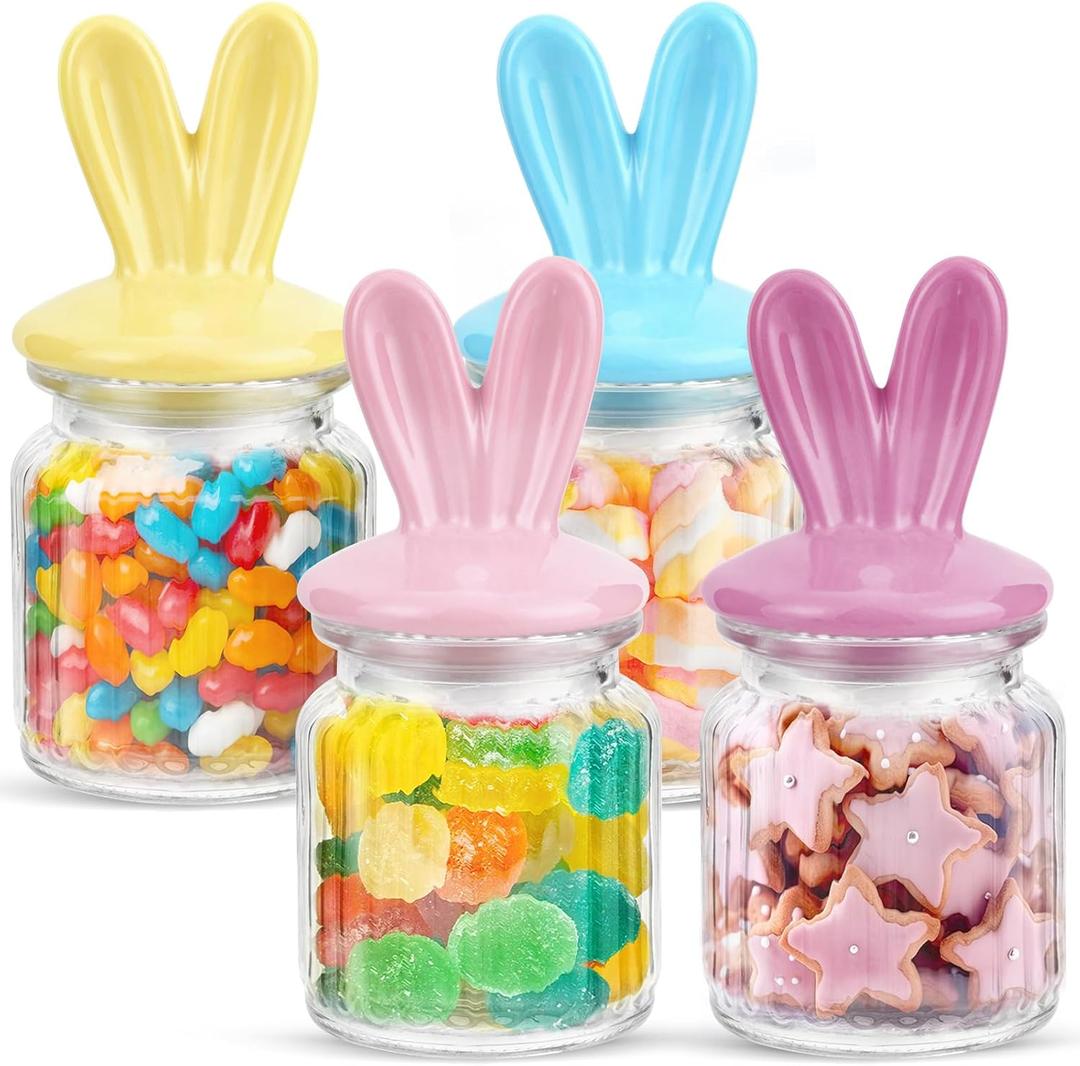Easter Centerpieces for Table - 4 Pcs Easter Candy Jar with Ceramic Bunny Ear Lids, Easter Cookie Jar for Coffee Bar Bunny Home Decor