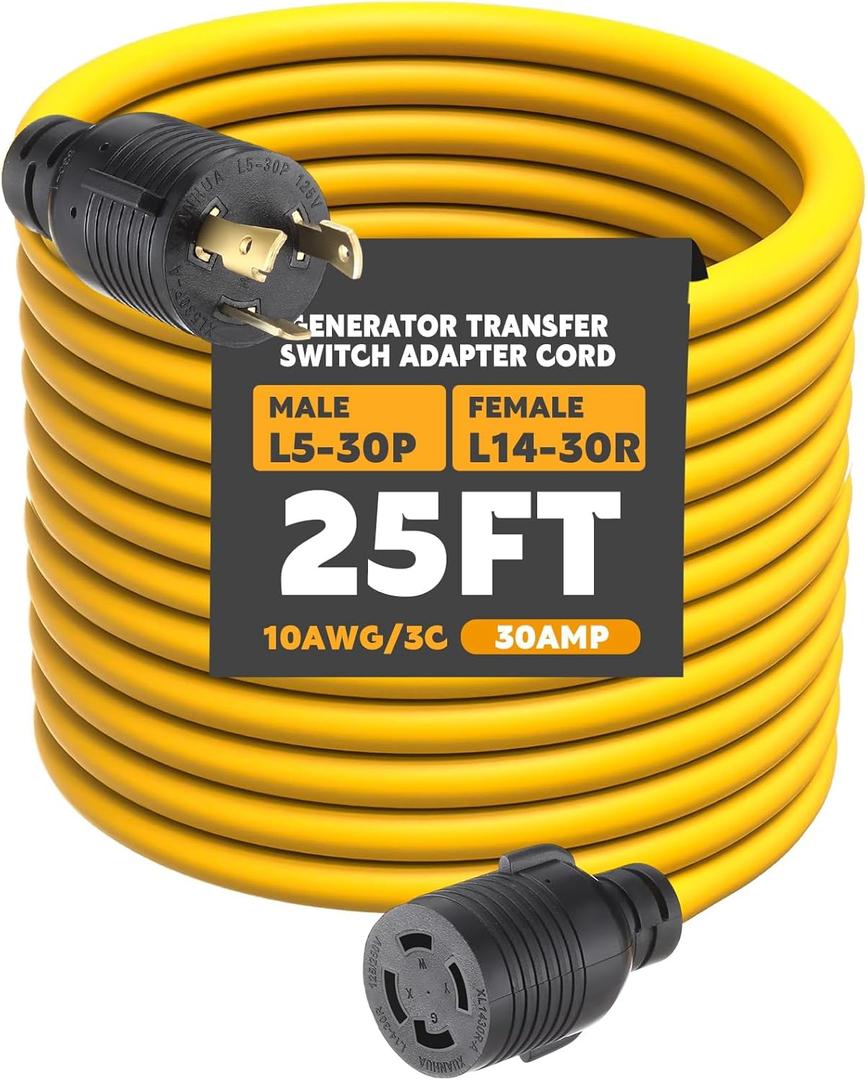 Kanayu 25ft Generator Transfer Switch Adapter Cord Compatible with NEMA L5-30p to L14-30r, 30 Amp Locking 3 Prong to 4 Prong Adapter Rv Generator to House Inlet Box, STW 10 Awg, Etl Listed