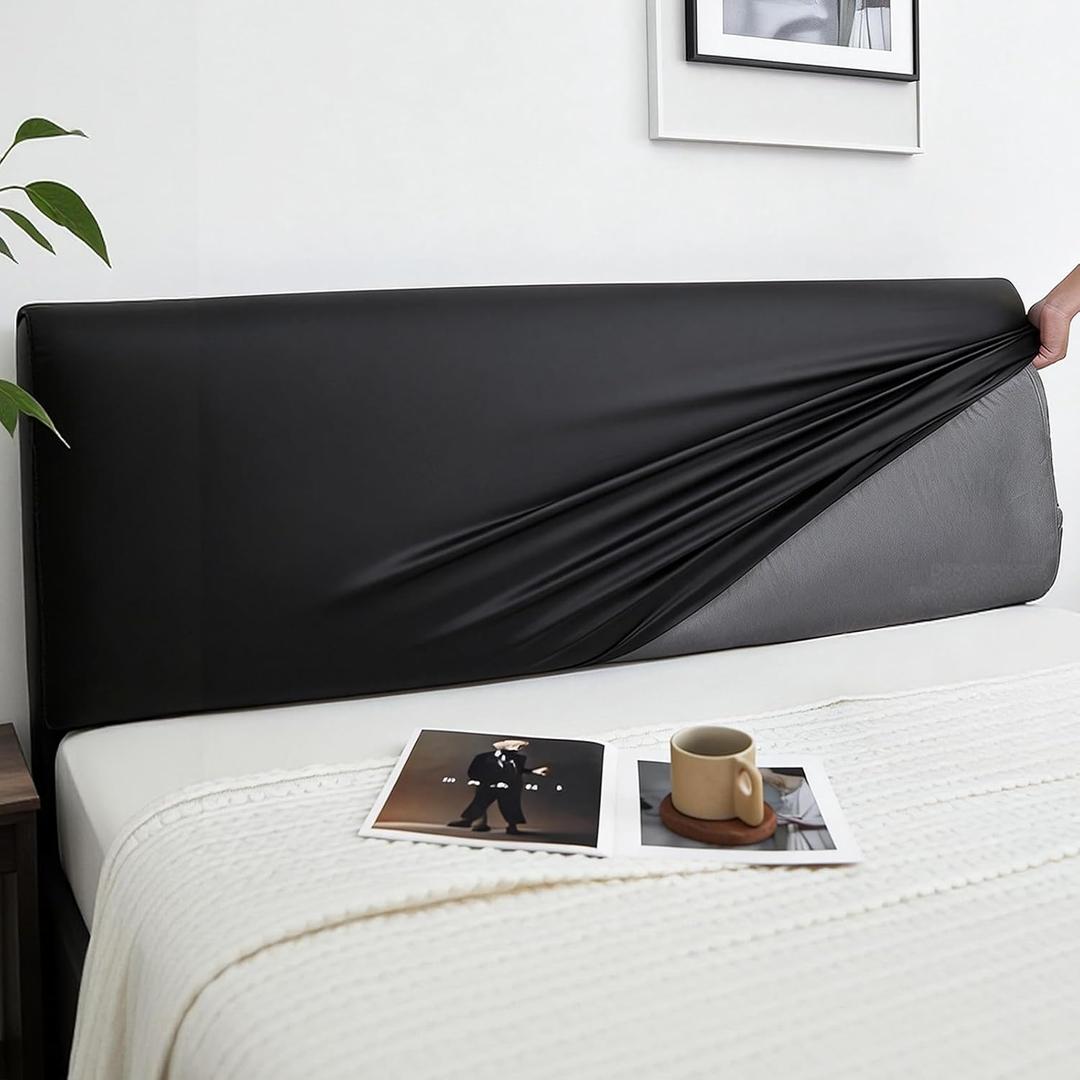 JOKIVTOU Stretch Bed Headboard Cover PU Leather, Waterproof Protective Universal Dustproof Soft Bed Head Cover Slipcover, No Need Wash, Wipeable, Bedroom Decor (Black,King)