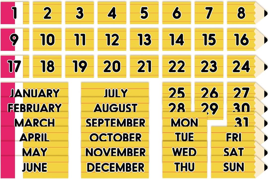 JarThenaAMCS 50Pcs Pencil Magnetic Fridge Calendar Months Days of The Week Number Magnets Date Indicators for Back to School Home Office Classroom Whiteboard Refrigerator Supplies