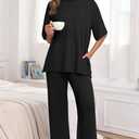 PrinStory Women's Pajamas Sets 2 Piece Lounge Set Short Sleeve Tops and Long Pants Soft Pjs Loungewear with Pockets (Black, XXL)