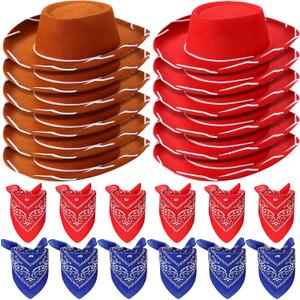 24 Pieces Cowboy Hats and Bandanas for Kids Western Cowboy Costume Hat Accessories for Toddler Child Western Theme Birthday Party Supplies Halloween Costume Dress(Brown, Red)
