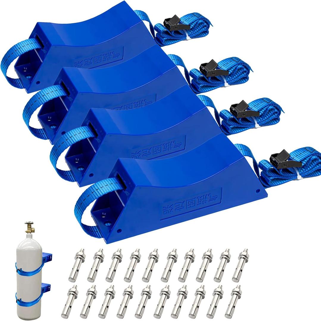 4Pcs Cylinder Wall Mounted Bracket Propane Tank Holder Gas Cylinder Holder with SUS 304 Screws & 59 Inch Straps Supported 4"-12",Blue