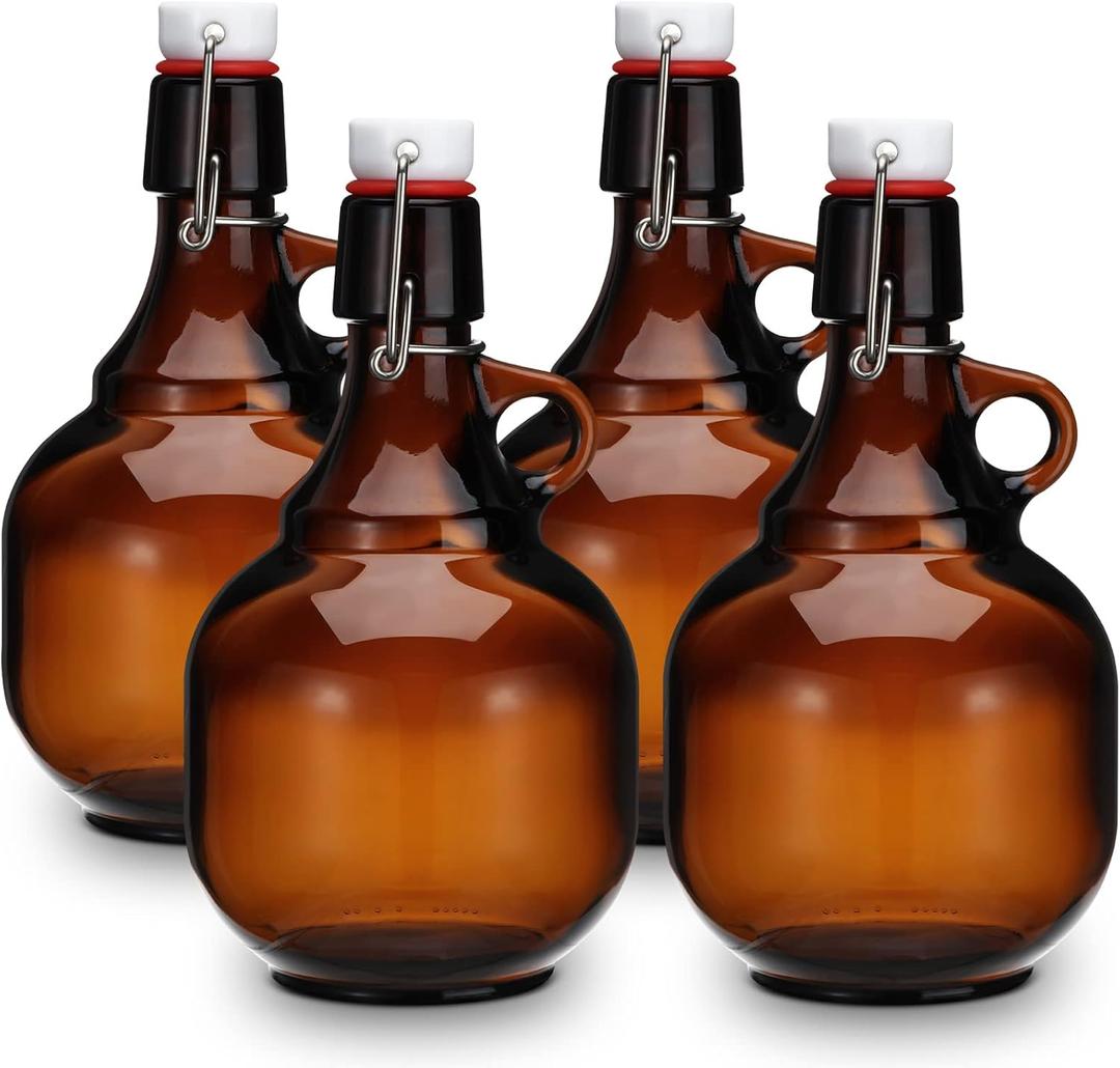Dandat 4 Pcs Growlers for Beer Amber Glass Bottles Beer Bottles Glass Jar with Lid liquid Jugs Soda Cider Alcohol Liquor Home Brewing Fermenting(34 oz)