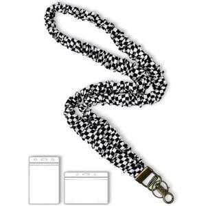 2 x Stretchy Scrunchie Lanyard for ID Badges Keys, Cute Teacher Lanyard for Women with 2 Card Holders 19.6 Inch (Black and White Checkered)