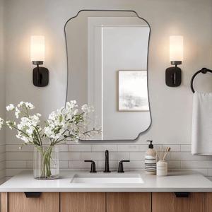 Bathroom Vanity Mirror, 24x36 Matte Black Rectangle Mirror with Scalloped Round Corner, Vintage Asymmetrical Metal Wall Mirror for Entryway, Living Room