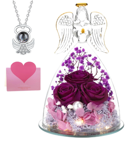 Gifts for Her, Preserved Real Rose in Angel Glass Crystal Angel Figurines, The Best Mothers Day Anniversary Birthday Gifts for Wife Girlfriend Women Mom Best Friend Her