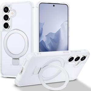Magnetic Compatible with Samsung Galaxy S25+ & S24+ Case with Stand [Military Grade Drop][Compatible with Magnet] Ring Holder Translucent Slim Hard Back Soft Edge, White